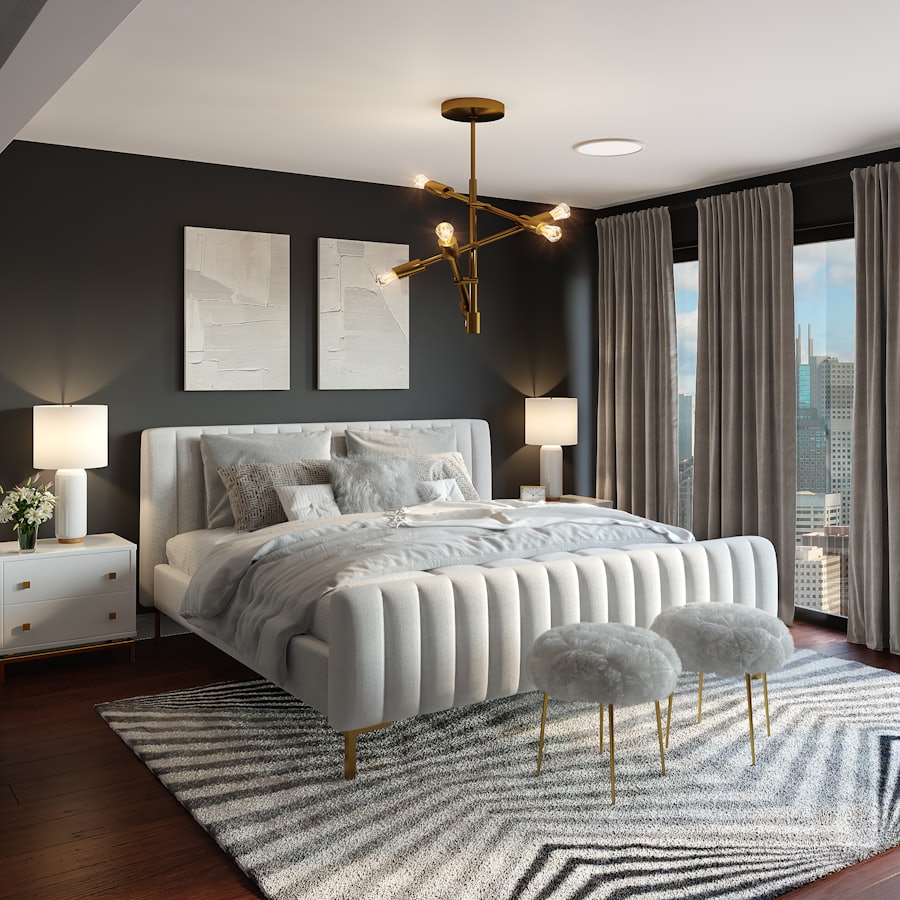 Quarto com parede escura e luminária em latão